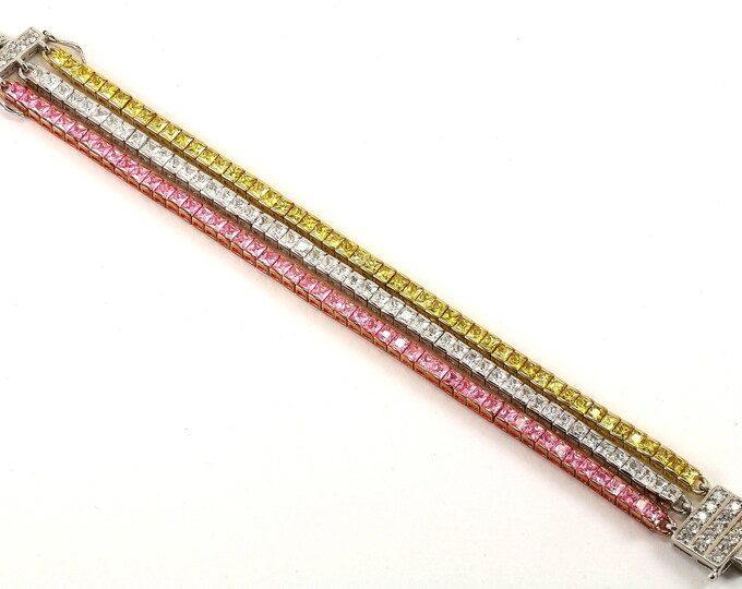 Vintage Sparkling Crystals CZ Three Row Square Cocktail Bracelet 925 Sterling BR 457-E
