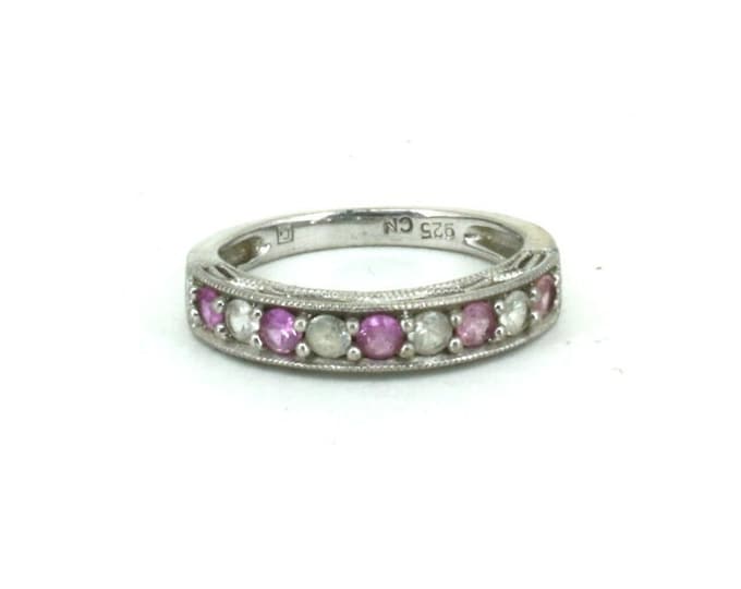 Vintage Size 6 Round Pink & White CZ 925 Sterling Silver RG 4434
