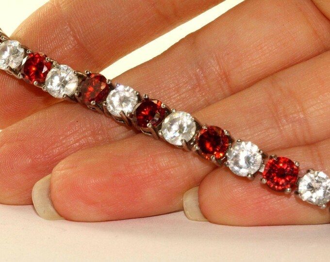 Vintage Red White Round Crystals Inlay Tennis Bracelet 925 Sterling Br 1855(123720997179)
