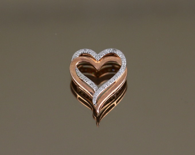 Vintage Shiny Sparkling Real Natural White Diamonds Double Heart Shape Rose Gold Plated Design Pendant 925 Sterling PD 2896