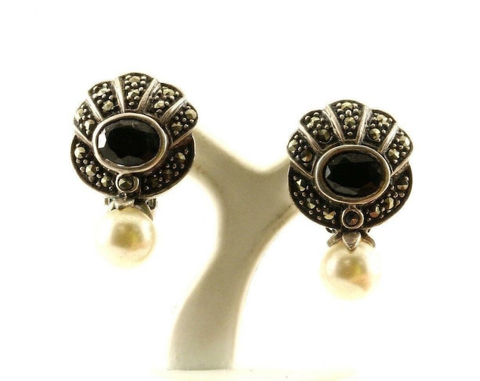 Vintage Marcasite Faux Pearl Design Clip On Earrings 925 Sterling Silver Er 1208(123759755528)