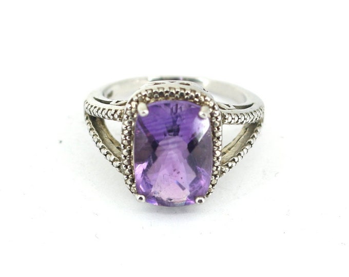 Vintage Size 7 Rectangle Amethyst  Purple CZ Cocktail Ring 925 Sterling RG 1415