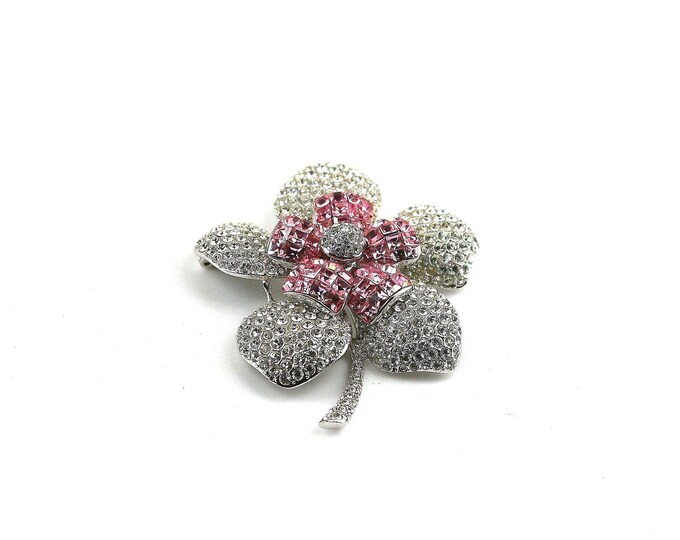 Vintage Sparkling Pink White Crystals CZ Leaf Leaves Floral Design Brooch Sterling Silver 925 BB 1359