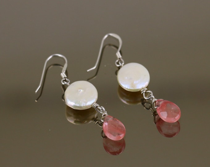 Vintage Real White Flat Disk Pearl Pear Shape Pink Crystal Design Drop Dangle Earrings Sterling Silver 925 ER 1253E