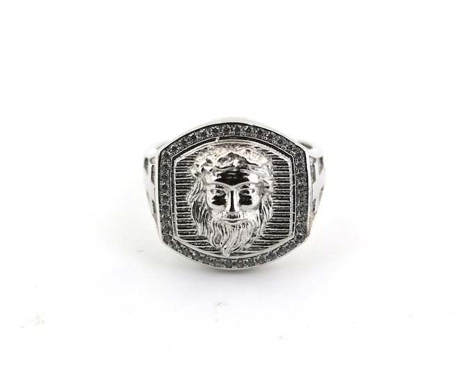 Vintage Size 10.25 Jesus God Lord Face White Crystals Religious Design Signet Ring 925 Sterling Silver RG 1393Q