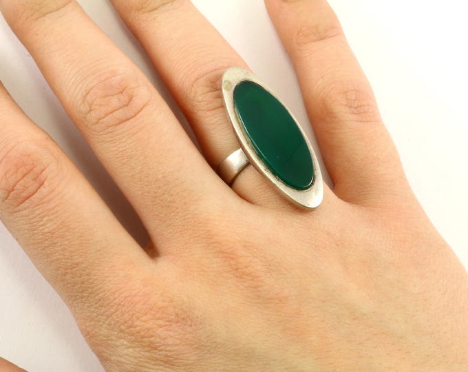 Vintage Large Green Onyx Design Cocktail Ring 925 Sterling RG 3594