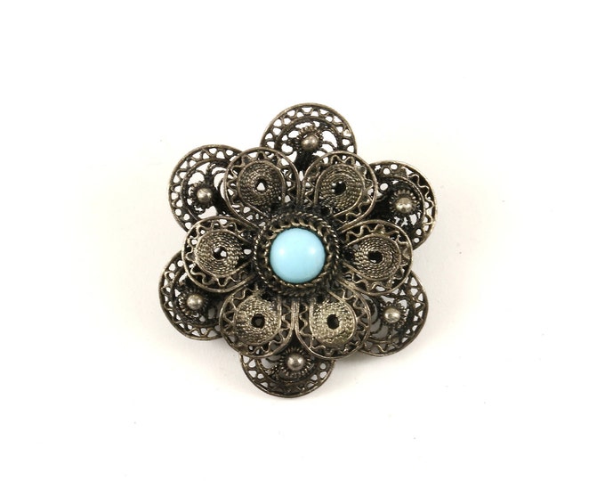 Vintage Beautiful Flower Floral Filigree Pin/Brooch 925 Sterling BB 1166