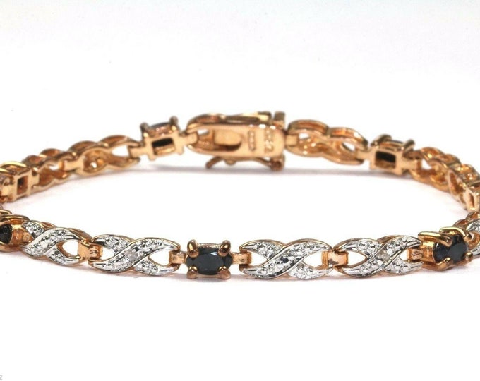 Vintage Black Crystals X O Style Gold Plated Tennis Bracelet 925 Sterling Br 123(123759780672)