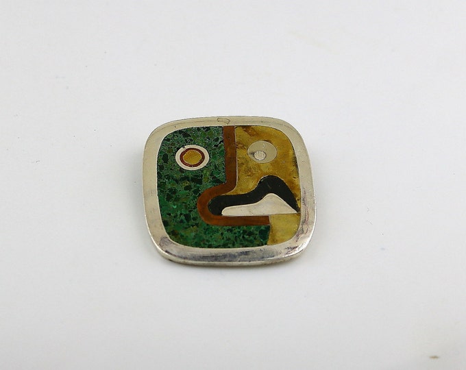 Vintage Mexico Chip Stone Mosaic Abstract Mask Face Tribal Design Brooch Sterling Silver 925 BB 1700