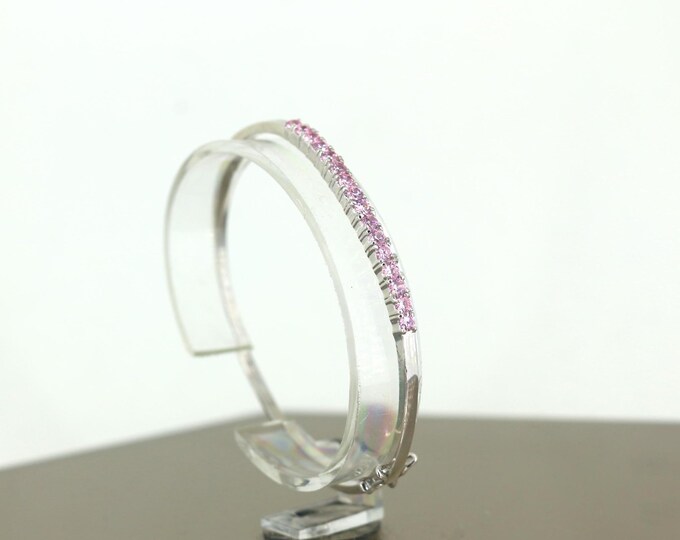 Vintage Sparkling Crystals Pink CZ Design Oval Bangle Bracelet 925 Sterling Silver BR 3449