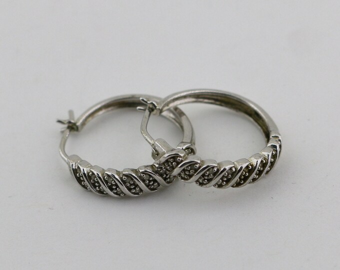 Vintage White Moissanite Stones Simple Long Oval Scroll Design Hoop Earrings Sterling 925 ER 970U