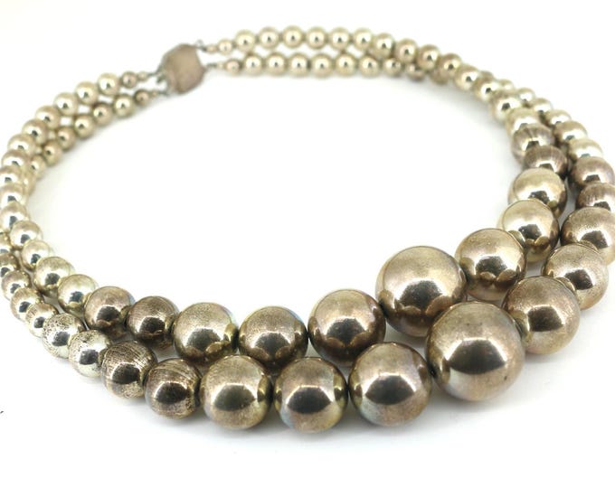 Vintage Graduated Double Ball Beaded Design Chain Necklace 925 Sterling Silver NC 1013