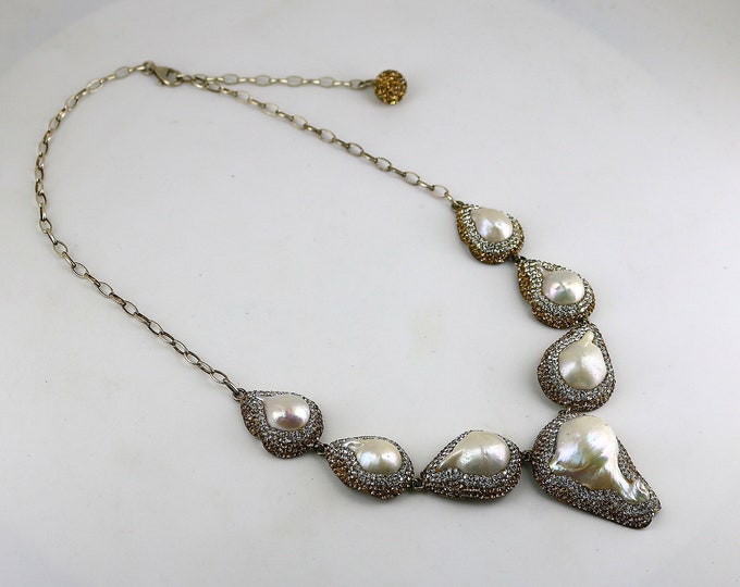Vintage Rare Natural White Pearls Two Tone Shiny Crystals CZ Chain Design Necklace 925 Sterling NC 1742