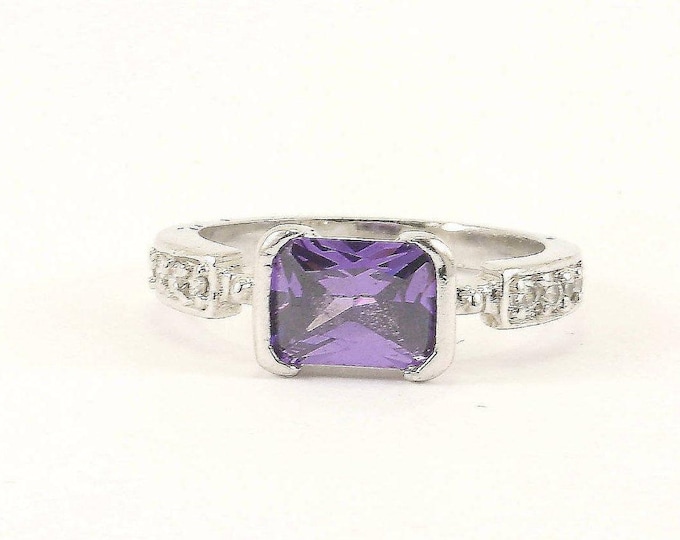 Vintage Size 6.25 Amethyst Crystal & White Crystals Ring 925 Sterling Silver Ring Rg 1076-e