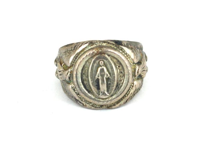 Vintage Miraculous Mary Adjustable Celtic School Ring 925 Sterling Silver RG 2544
