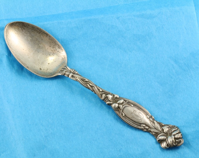 Antique Iris Flower Design Monogrammed Teaspoon 925 Sterling  FW 92-E