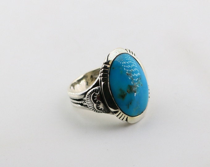 Vintage Size 8.5 Navajo Blue Turquoise Southwestern Design Ring 925 Sterling Silver RG 94J