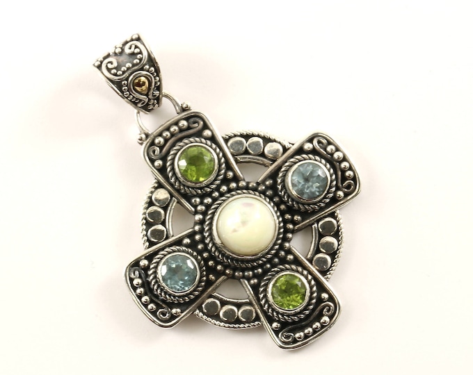 Vintage BA Suarti Blue Aquamarine Green Peridot MOP Indonesian 18K Yellow Gold Drop Cross Pendant 925 Sterling PD 413