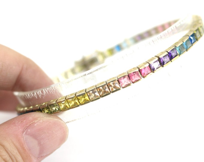 Vintage Multicolored CZ Crystals  Two Tone 14 K Gold Plated Tennis Link Design Bracelet 925 Sterling BR 3463