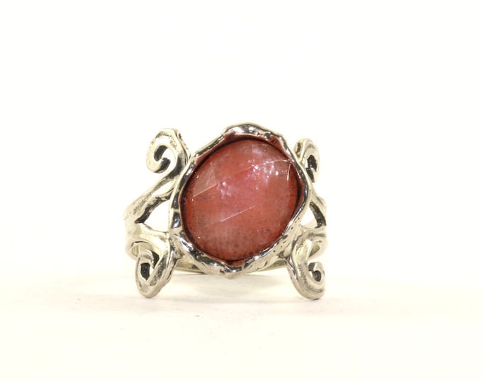 Vintage Size 8 TL Signed Peach Color Crystal Scroll Design Ring 925 Sterling Silver RG 1968