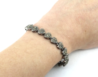 Vintage Heart Link Marcasite Stones Design Tennis Bracelet Safety Chain 925 Sterling Silver BR 3545