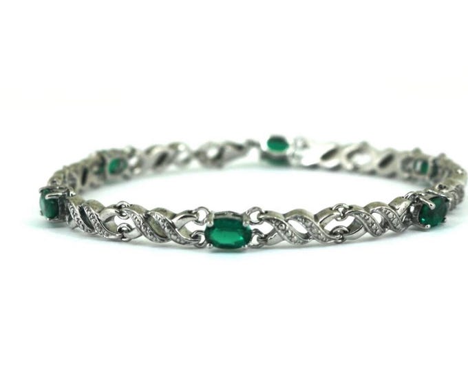Vintage Emerald Green CZ  Links Tennis Bracelet 925 Sterling BR 249