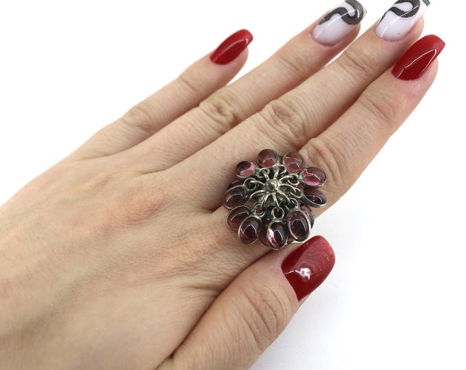 Vintage Size 7 Natural Flower & Plants Inlaid Purple CZ Design Ring 925 Sterling Silver RG 501