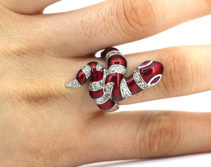 Vintage Shiny Red Corn Snake Spiral Statement Ring 925 Sterling Silver RG 4741