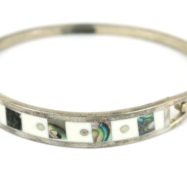 Vintage Mexico Signed Mother Of Pearl & Abalone Inlay Bangle  Bracelet 925 Sterling BR 2873