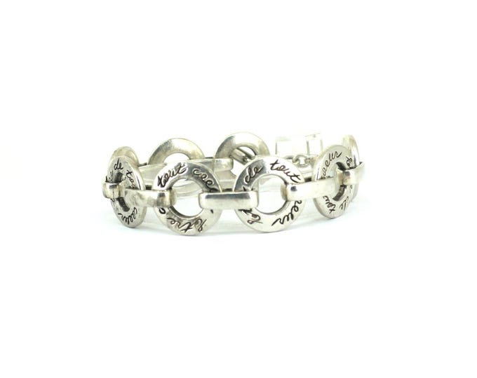 Vintage Carolee French Inscription "Étre De Tout Cœur"-Being With All My Heart  Design Engraved Link Bracelet 925 Sterling Silver BR 3923