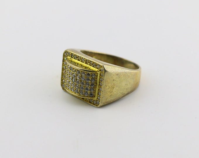 Vintage Shiny Crystals CZ Gold Plated Rectangle Geometry Signet Design Ring 925 Sterling Silver Large Size 13 RG 3676q