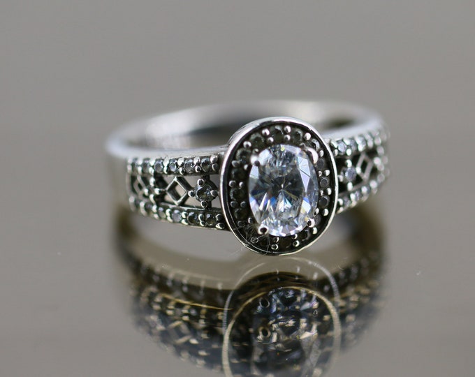 Vintage Size 10.25 Sparkling Crystals Art Deco Design Engagement Statement Ring 925 Sterling RG 3465