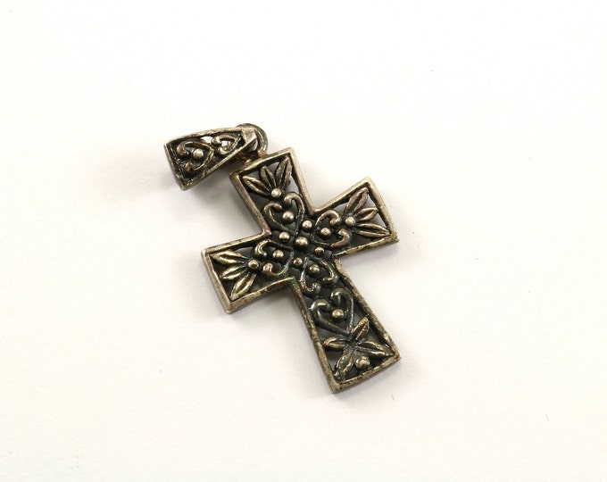 Vintage Religious Floral Design Cross Pendant 925 Sterling Silver PD 1739