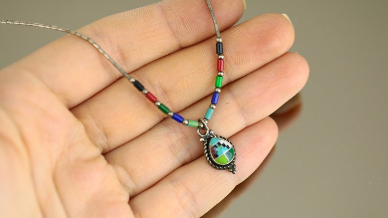 Vintage 16 Inch Navajo Multi Color Multi Stone Beaded Design Chain Necklace 925 Sterling NC 828 image 2