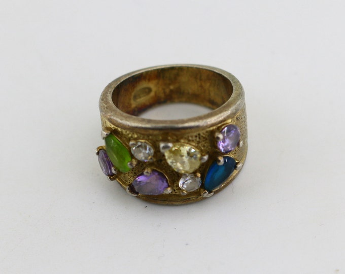 Vintage Size 5.75 Multi Color Shiny Crystals CZ Dome Shape Sand Design Ring 925 Sterling Silver Rg 402L