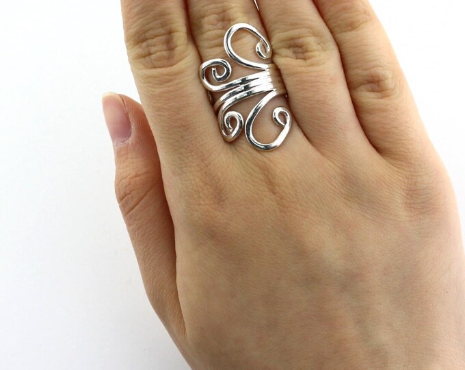 Vintage Size 6.75 Scroll Large  Abstract Design Ring 925 Sterling Silver RG 777N