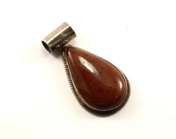 Vintage Beautiful Large Pear Shape Brown Jasper Design Pendant 925 Sterling Silver PD 161