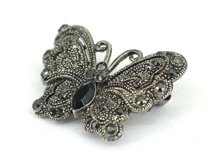 Vintage Butterfly Black Onyx Marcasite Stones Design Brooch Sterling Silver 925 BB 683