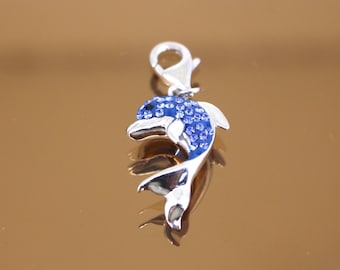 Vintage  Shiny Blue Dolphin CZ Crystals Clip On Charm Pendant 925 Sterling Silver PD2608