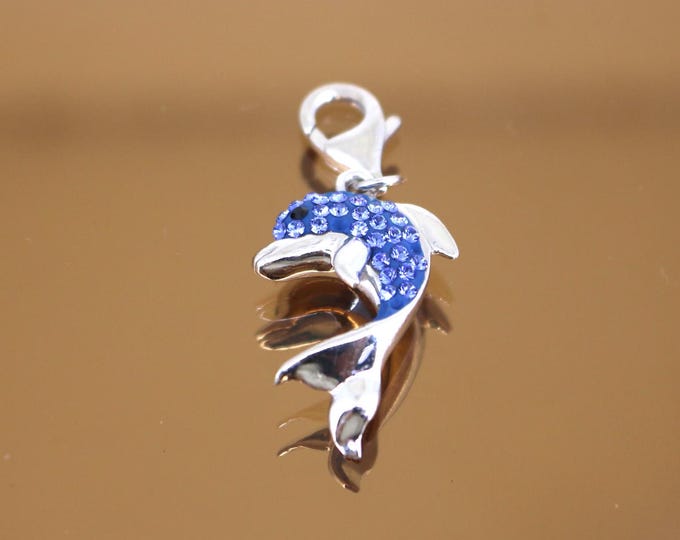 Vintage  Shiny Blue Dolphin CZ Crystals Clip On Charm Pendant 925 Sterling Silver PD2608