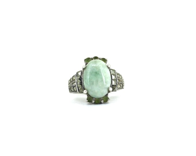 Vintage Oval Milky Aquamarine Marcasite Statement  Ring 925 Sterling Silver RG 4763