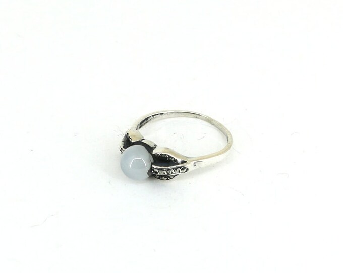 Vintage Size 5  Beads Beaded Pearl & Marcasite Imitation Ring 925 Sterling RG 3849