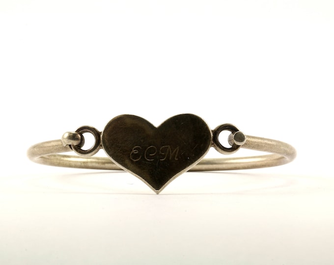 Vintage ECM Sign  Heart Shape Thin Bangle Bracelet Sterling Silver BR 2405