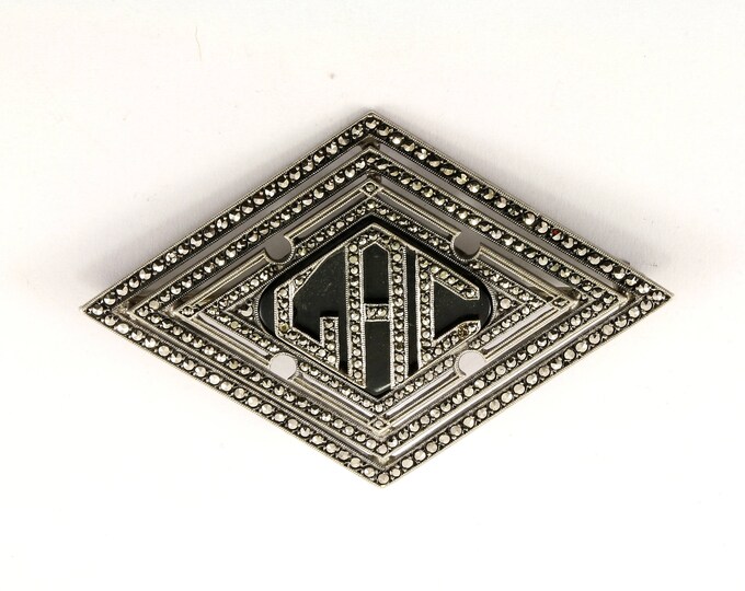 Vintage Initial GAC Onyx Marcasite Inlay Pin/Brooch 925 Sterling BB 139-E