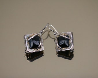 Vintage Natural Oval Black Onyx Scroll Design Drop Dangle Earrings Sterling Silver 925 ER 1437