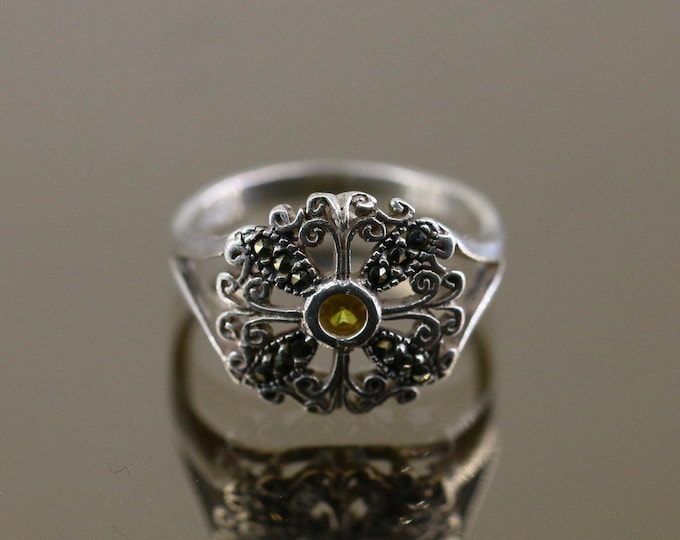 Vintage Tender Flower Floral Scroll Yellow Citrine Marcasite Stones Small Design Ring 925 Sterling Silver Size 5.5 RG 4413a