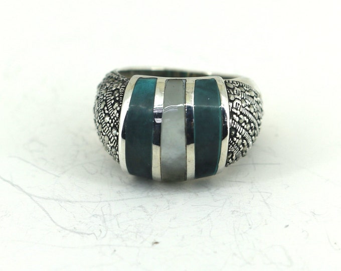 Vintage Size 8.75 Mothers of Pearl & Marcasite Ring Sterling 925 Silver RG 988