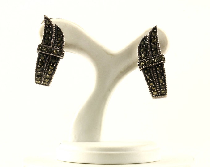 Vintage Leaf Design Marcasite Inlay Stud Earrings Sterling Silver ER 582