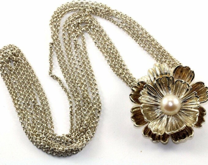 Joseph Esposito Espo Sig Floral Snap Flower W/pearl Necklace 925 Sterling Nc 596