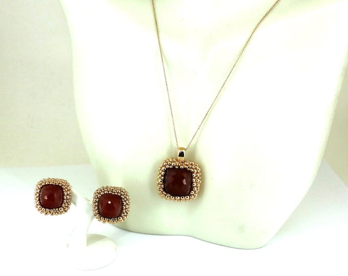 Vintage Mastini Inspired Carnelian Gold Plated Square Pendant Necklace & Earrings Set  925 Sterling Silver NC 1986